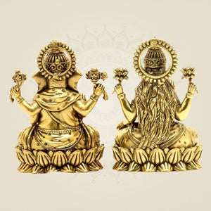 Brass Lakshmi Ganesha on Lotus – 4" Pair • Wealth & Wisdom Idols Set - Luxeartisanship