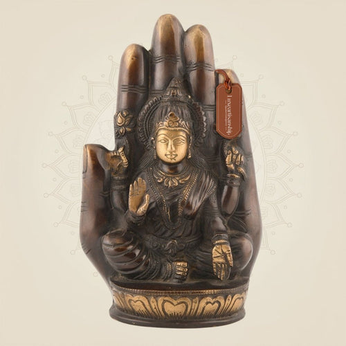 Brass Lakshmi Idol on Palm 9″ – Butter Polish Finish laxmi ji Statue for Wealth & Prosperity