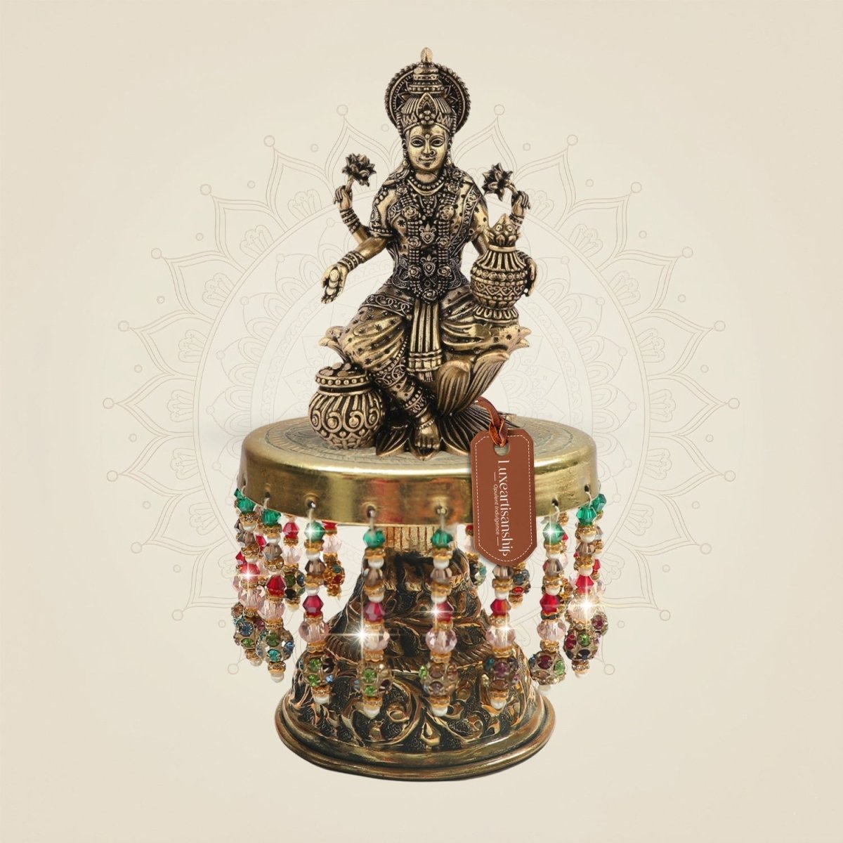 Brass Lakshmi Lotus Idol on Chowki 6.5"– Fine Engraving Work - Luxeartisanship