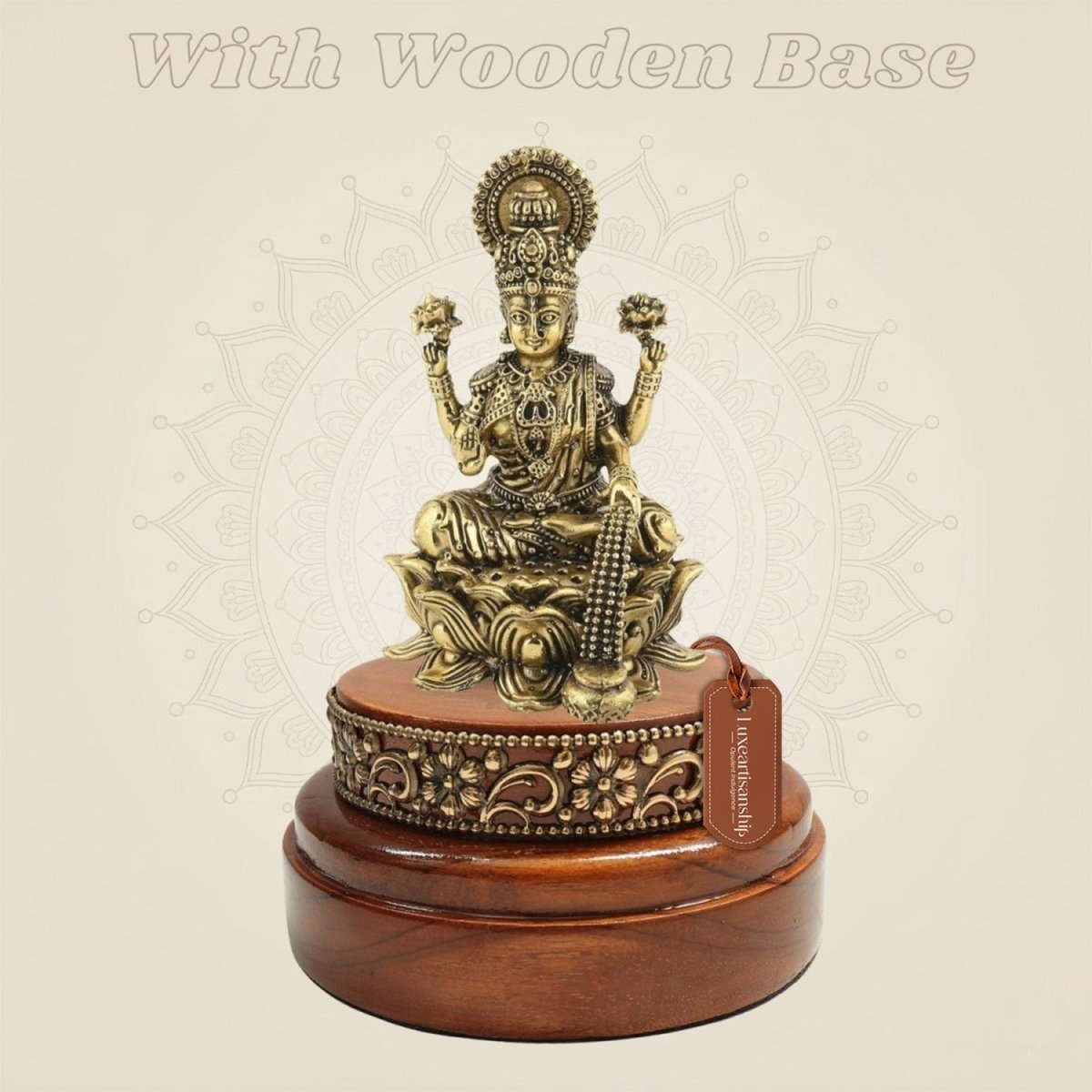 4.25 inch Brass Lakshmi Murti on Round Wooden Base