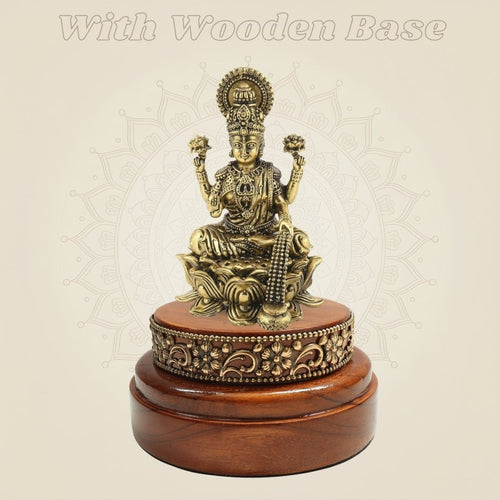 Brass Lakshmi Murti 4.25" on a Round Wooden Base Best for Wealth and Decoration