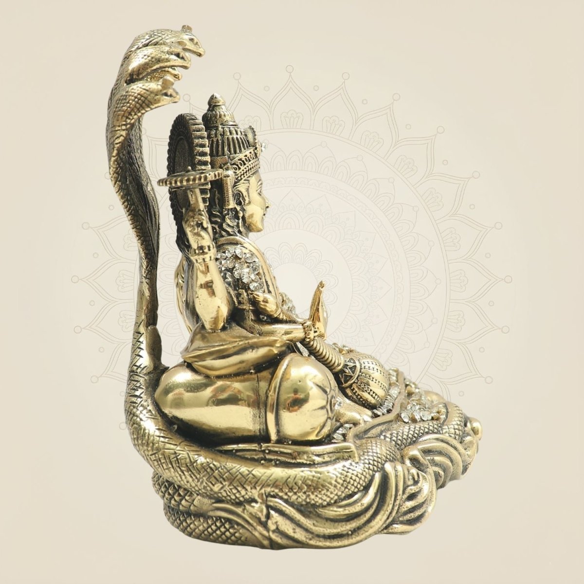 Brass Lakshmi Narayan Idol 6" Seated on Sheshnag Highlighted by Radiant Stone - Luxeartisanship