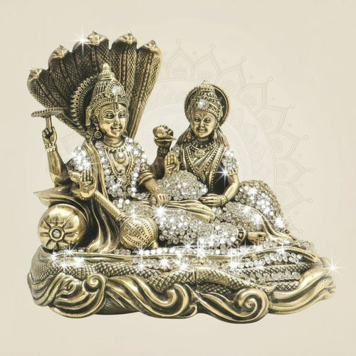 Brass Lakshmi Narayan Idol 6" Seated on Sheshnag Highlighted by Radiant Stone