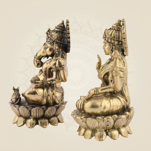Brass Laxmi Ganesh Idol Pair – Small Lotus Base Murti 3" - Luxeartisanship