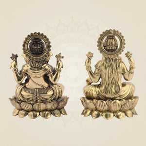 Brass Laxmi Ganesh Idol Pair – Small Lotus Base Murti 3" - Luxeartisanship