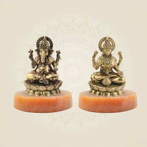 Brass Laxmi Ganesh Idol Pair – Small Lotus Base Murti 3" - Luxeartisanship