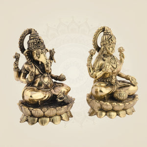 Brass Laxmi Ganesh Idol Pair – Small Lotus Base Murti 3" - Luxeartisanship