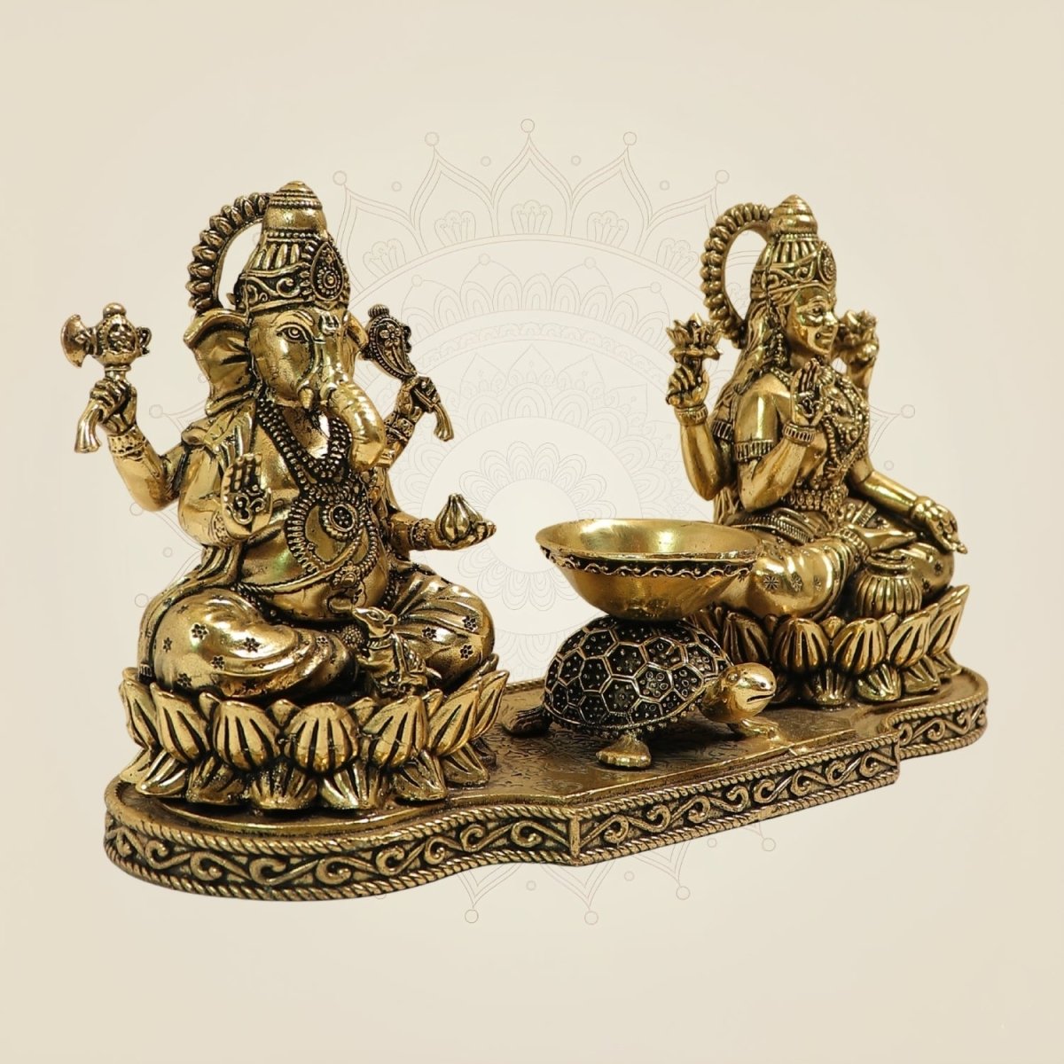 Brass Laxmi Ganesh Idol with Tortoise Diya 4.5 Inch – Prosperity & Wealth Decor - Luxeartisanship