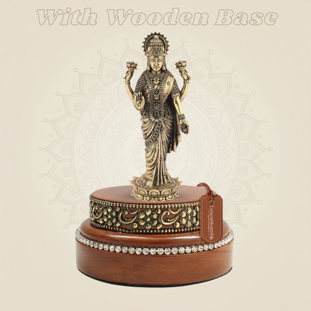 Brass Goddess Lakshmi Murti on Wooden Base for Home Temple and Puja