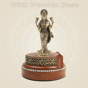 Brass Goddess Lakshmi Murti on Wooden Base for Home Temple and Puja