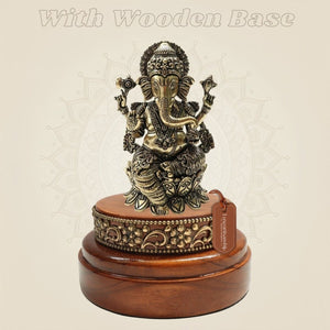 Brass Lord Ganesha Idol 4" Set on a Round Wood Platform - Luxeartisanship