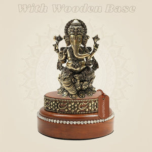 Brass Lord Ganesha Idol 4" Set on a Round Wood Platform - Luxeartisanship