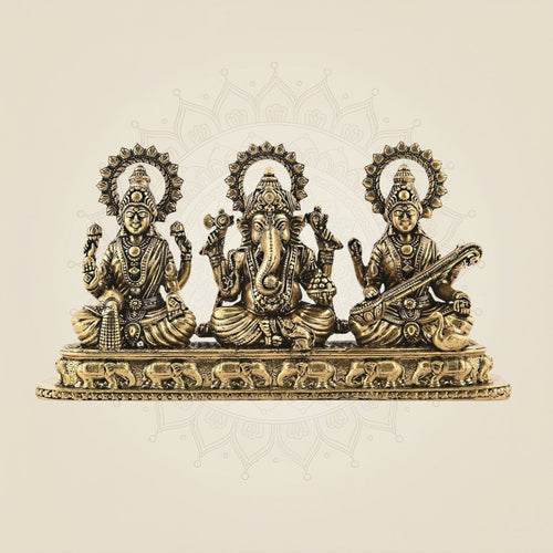 Brass Lord Ganesha, Laxmi & Saraswati Idol 3" Handcrafted Murti