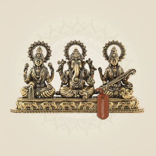 Brass Lord Ganesha, Laxmi & Saraswati Idol 3" Handcrafted Murti
