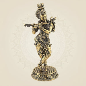 Brass Lord Krishna Playing Flute 6″ – Handcrafted Statue for Home Decor - Luxeartisanship