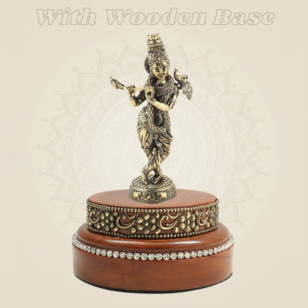 Brass Lord Krishna with Peacock Idol 5″, Anchored by Round Wooden Base - Luxeartisanship