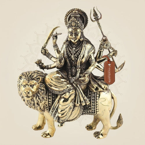 Brass Maa Durga Idol Seated on Lion – High-Quality Divine Statue