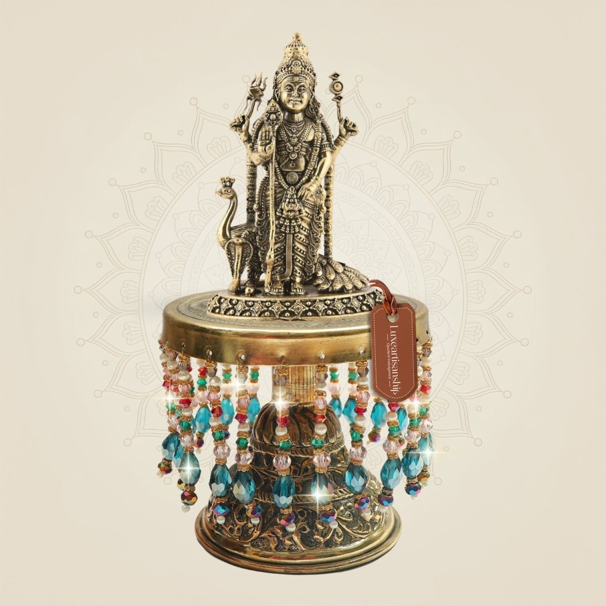 Brass Murugan with Peacock on Chowki Base 8.5"– Balanced Display Layout - Luxeartisanship