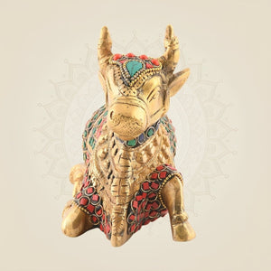 Brass Nandi with Multicolor Stone Work Detailing Statue