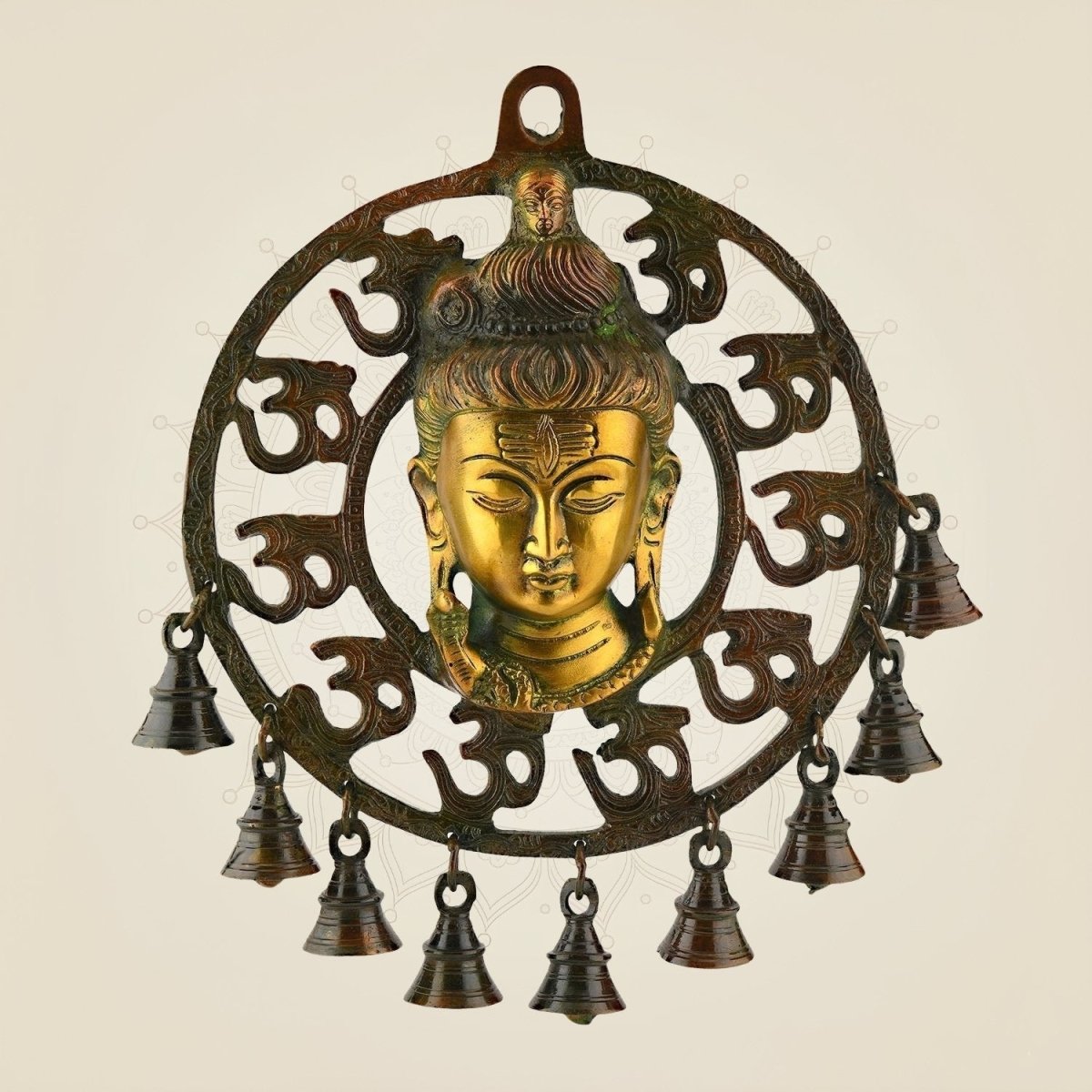 Brass Om Shiva Wall Hanging 10.75″ – With Naag, Ganga & Hanging Bells - Luxeartisanship
