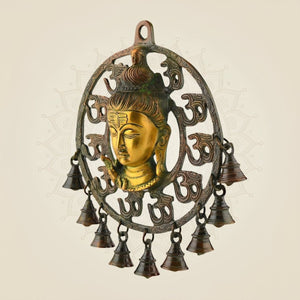 Brass Om Shiva Wall Hanging 10.75″ – With Naag, Ganga & Hanging Bells - Luxeartisanship