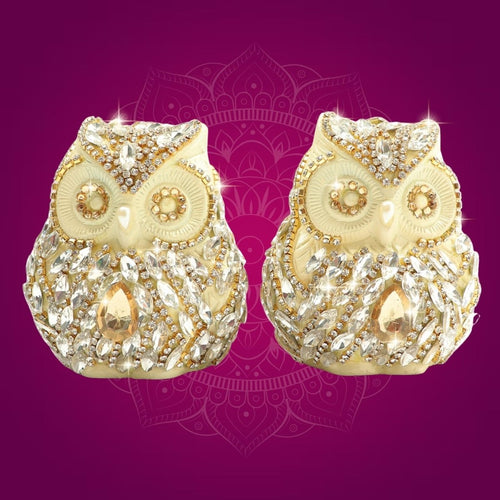 Brass Owl Pair Figurine Decorated with Rhinestones 3"