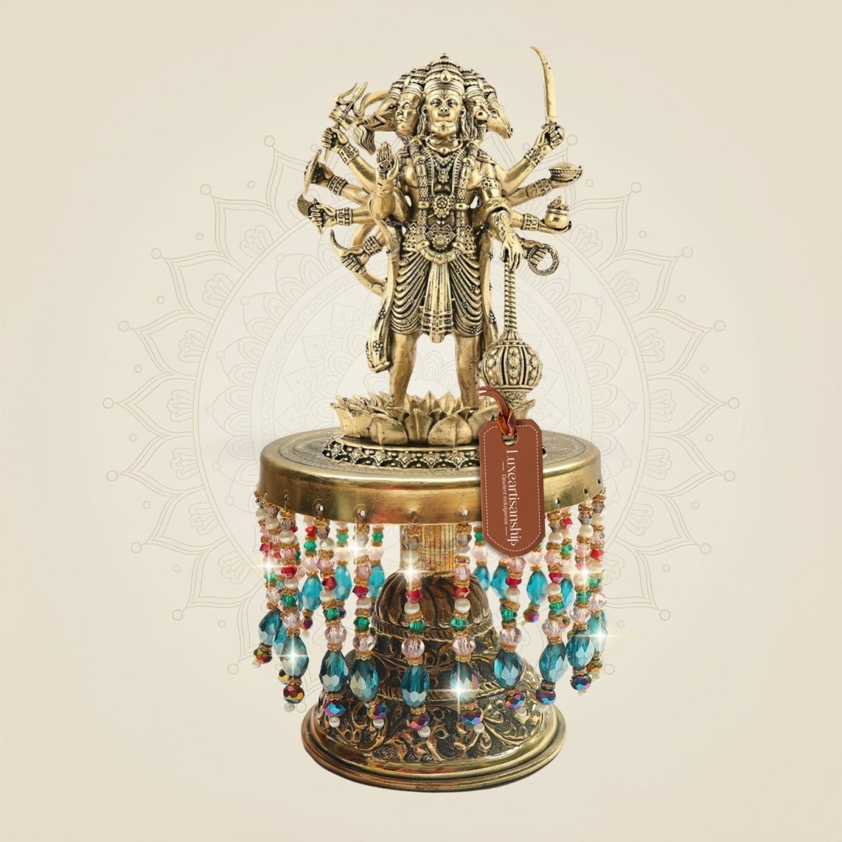 Brass Panchmukhi Hanuman Idol on Chowki 8.5"– Ten - Armed Standing Form - Luxeartisanship