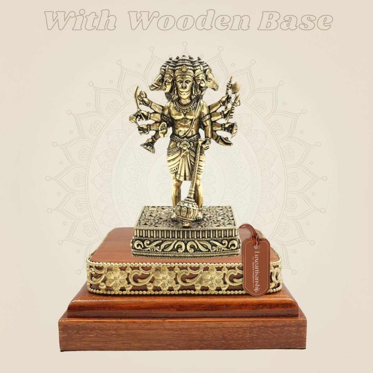 Brass Panchmukhi Hanuman Murti 4.75″ on Square Wood Platform - Luxeartisanship