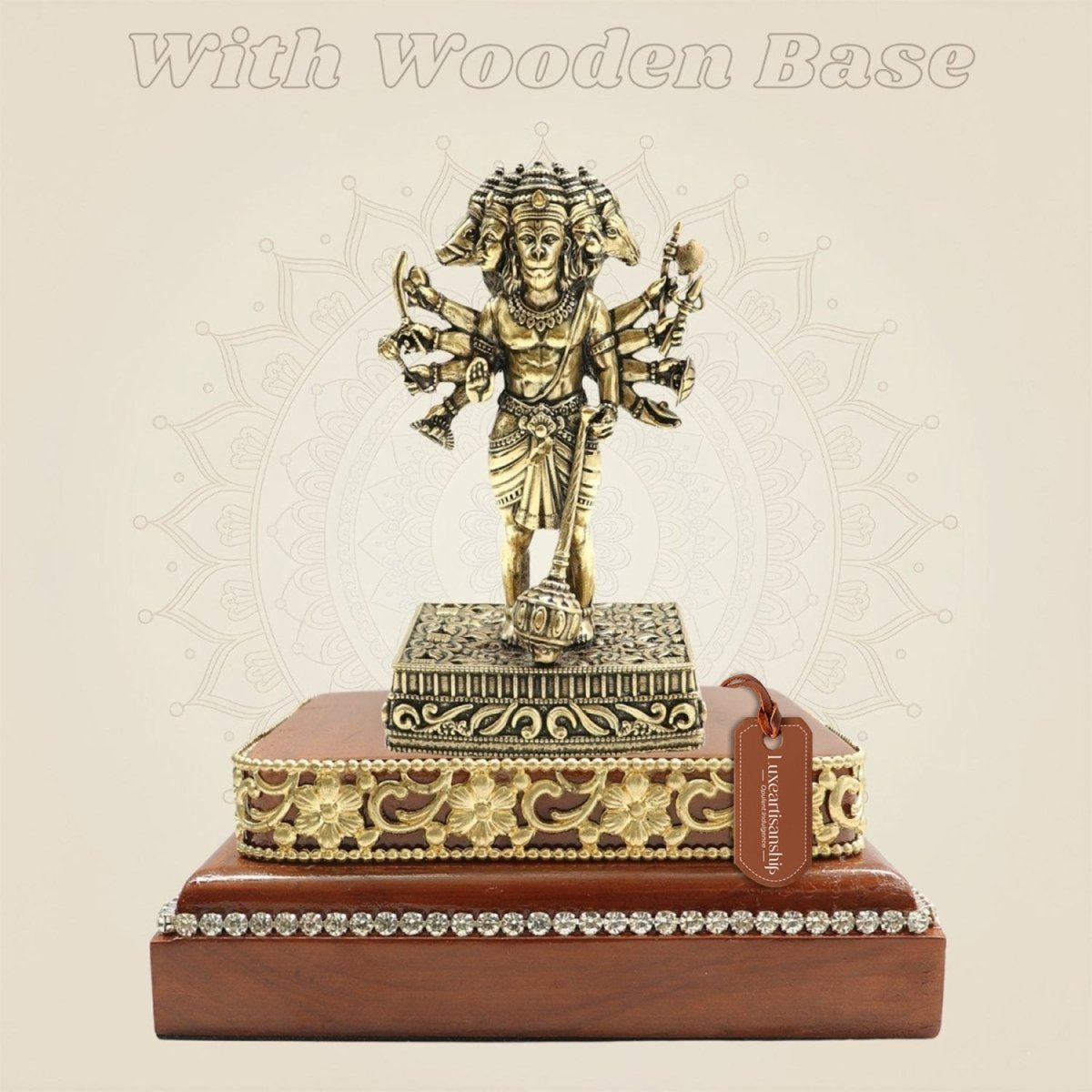 Brass Panchmukhi Hanuman Murti 4.75″ on Square Wood Platform - Luxeartisanship