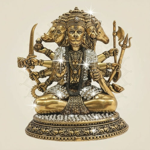 Brass Panchmukhi Hanuman Murti 6" with Refined Stone Accents