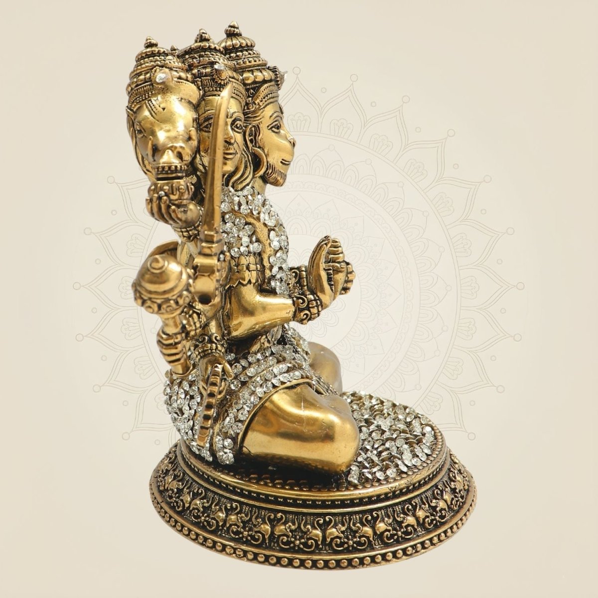 Brass Panchmukhi Hanuman Murti 6" with Refined Stone Accents - Luxeartisanship