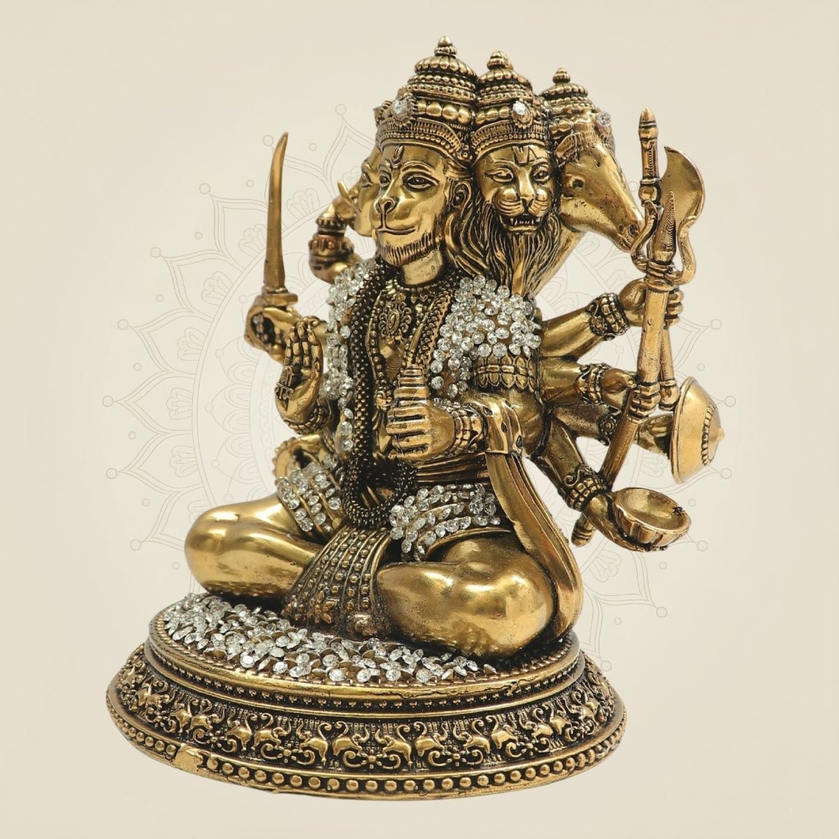 Brass Panchmukhi Hanuman Murti 6" with Refined Stone Accents - Luxeartisanship