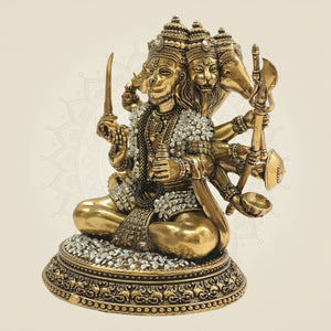 Brass Panchmukhi Hanuman Murti 6" with Refined Stone Accents - Luxeartisanship