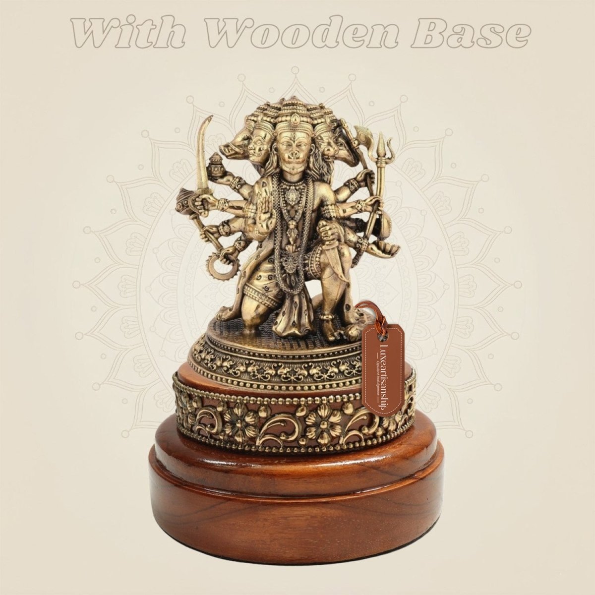 Brass Panchmukhi Hanuman’s Five Face Idol on Round Wooden Base