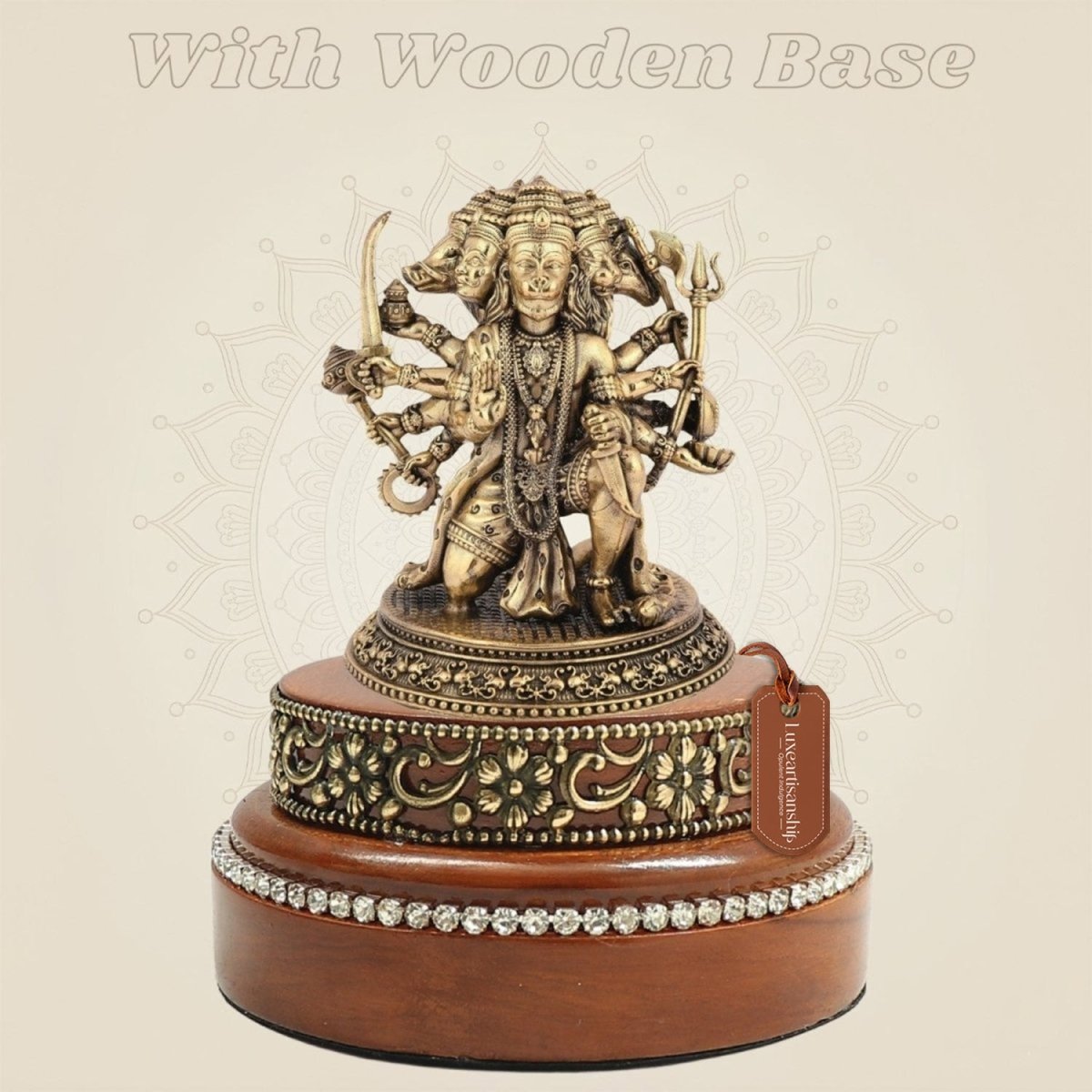 Brass Panchmukhi Hanuman’s Five Face Statue on Round Wooden Base