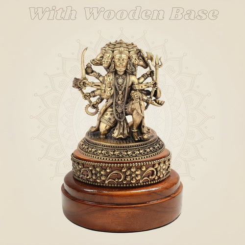 Brass Panchmukhi Hanuman’s Five Face Idol 5" Form on Round Wooden Base