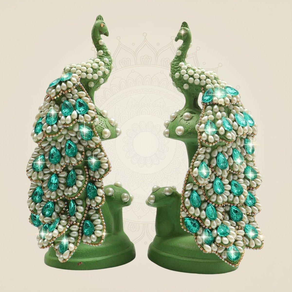Brass Peacock Figurine on Tree Trunk with Sparkling Jewellery Stones - Luxeartisanship