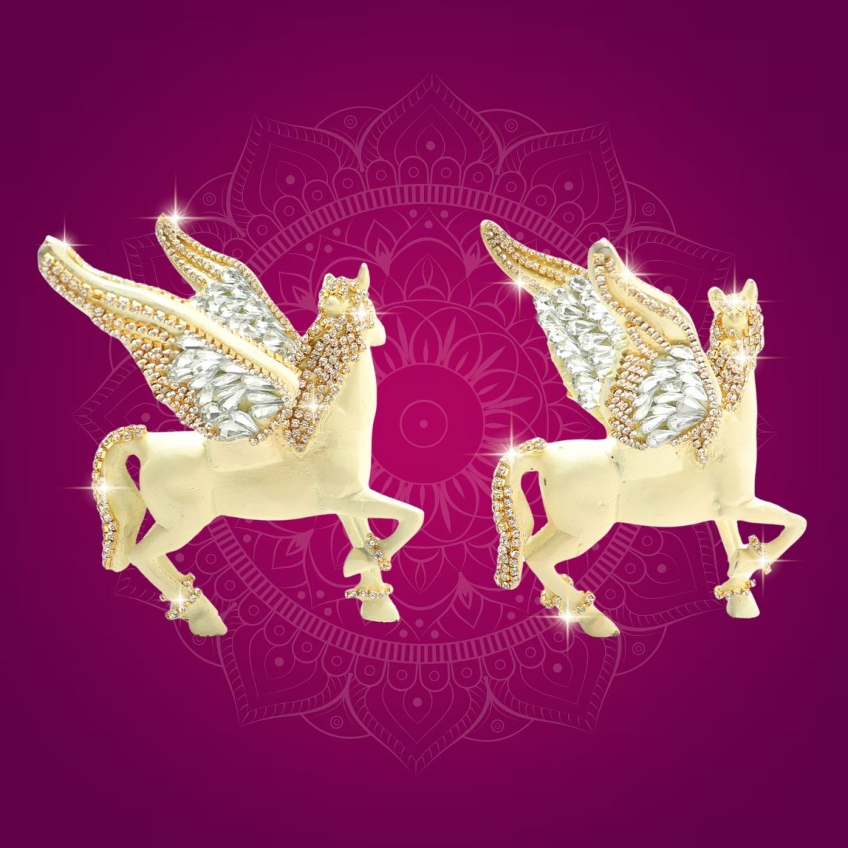Brass Pegasus Horse Pair Statue 4.5" Decorated with Rhinestones - Luxeartisanship