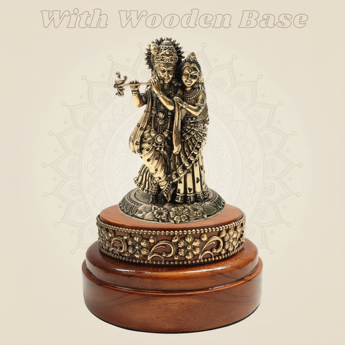 Brass Radha Krishna Idol 4″ Crafted on Round Wooden Base - Luxeartisanship