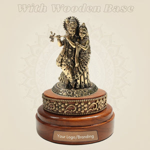 Brass Radha Krishna Idol 4″ Crafted on Round Wooden Base - Luxeartisanship