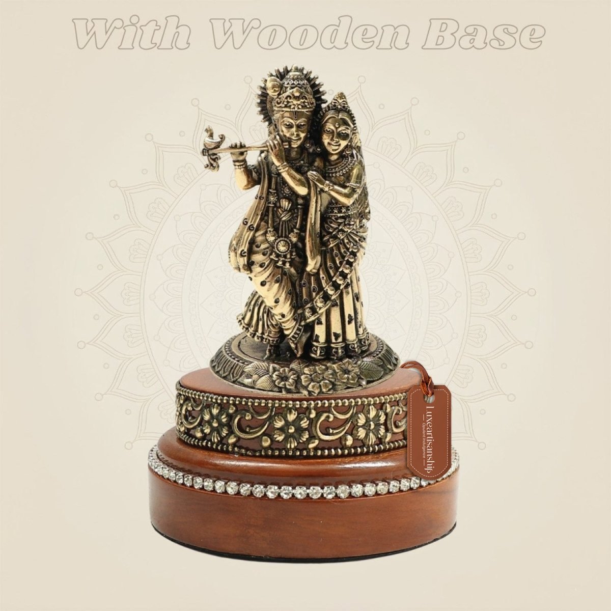 Brass Radha Krishna Idol 4″ Crafted on Round Wooden Base - Luxeartisanship