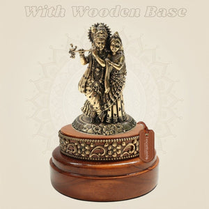 Brass Radha Krishna Idol 4″ Crafted on Round Wooden Base - Luxeartisanship