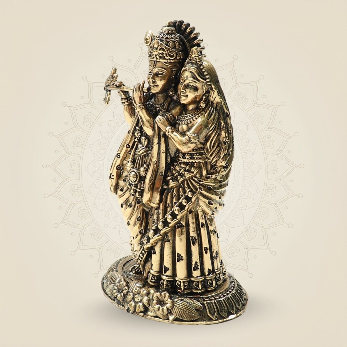 Brass Radha Krishna Idol 4"– Graceful Flute - Playing Murti for Home - Luxeartisanship