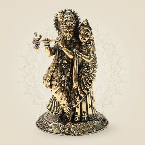Brass Radha Krishna Idol 4"– Graceful Flute-Playing Murti for Home