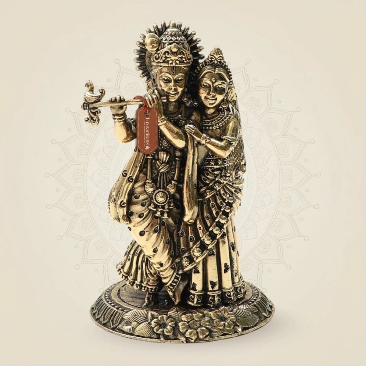 Brass Radha Krishna Idol 4"– Graceful Flute - Playing Murti for Home - Luxeartisanship
