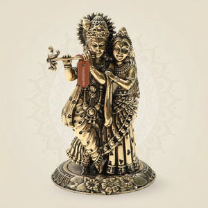 Brass Radha Krishna Idol 4"– Graceful Flute - Playing Murti for Home - Luxeartisanship