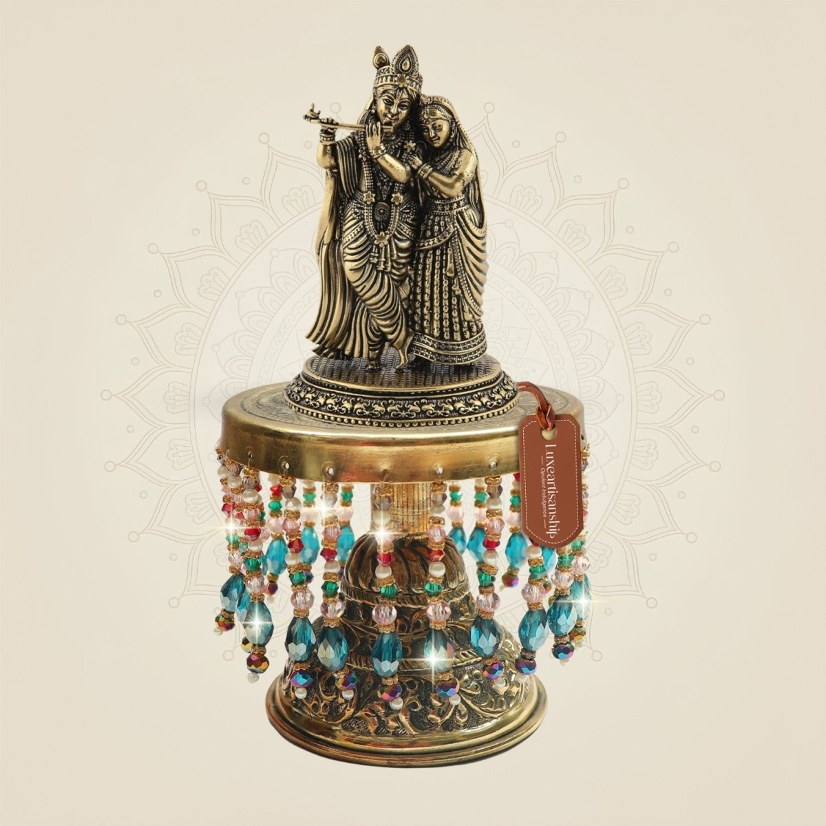 Brass Radha Krishna Idol with Chowki 7.75" - Display Arrangement Piece - Luxeartisanship