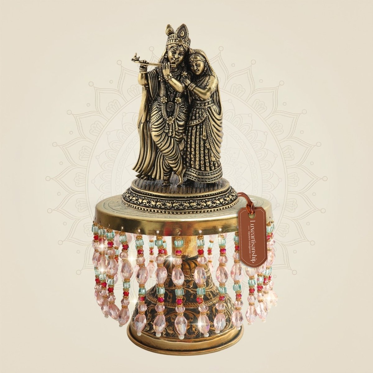 Brass Radha Krishna Leela on Chowki 8.75"– Musical Theme Sculpture - Luxeartisanship