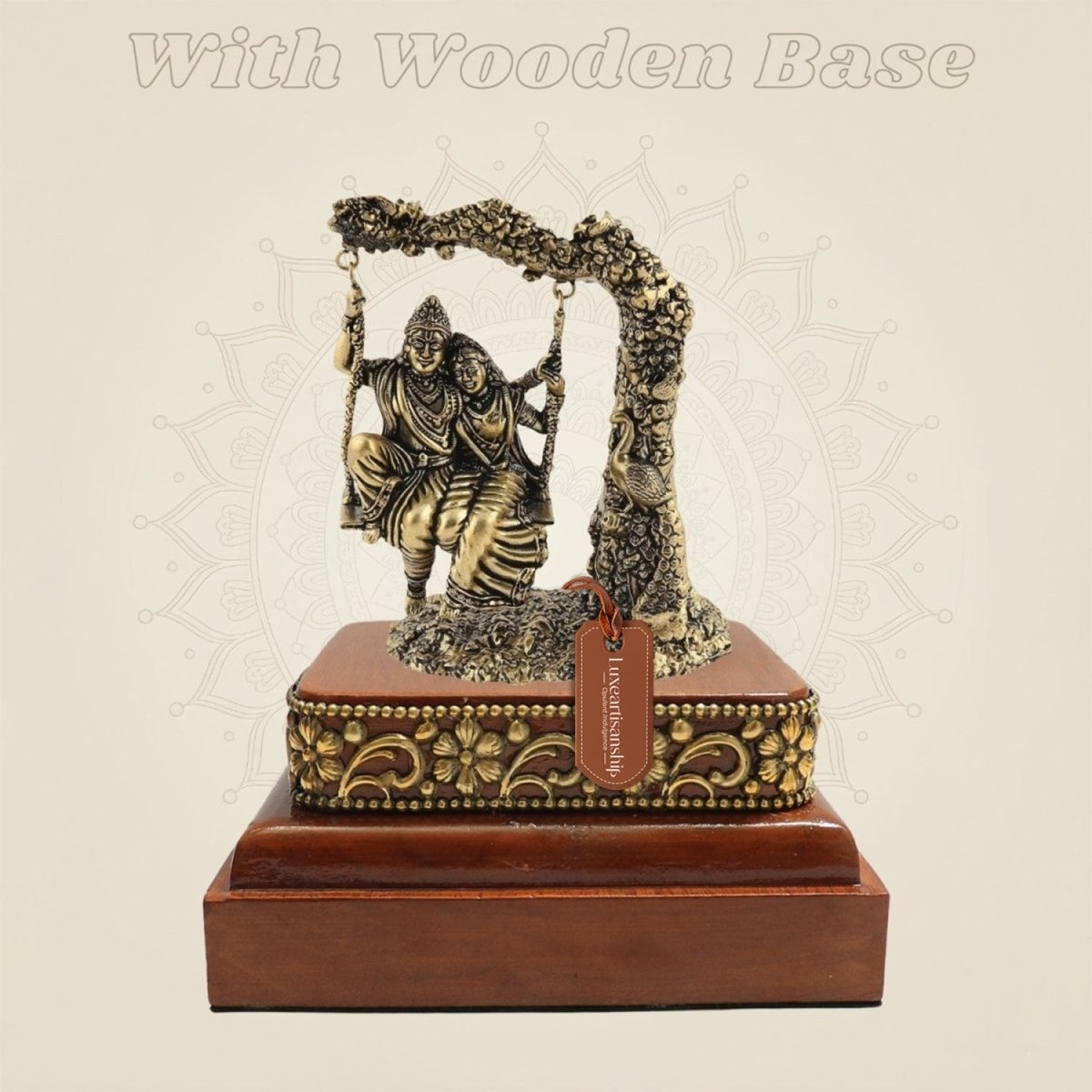4 inch Brass Radha Krishna Murti on Swing with Square Wooden Base