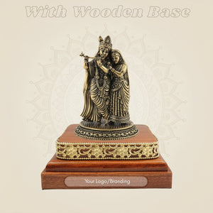 Brass Radha Krishna Sculpture on Wooden Base - Luxeartisanship